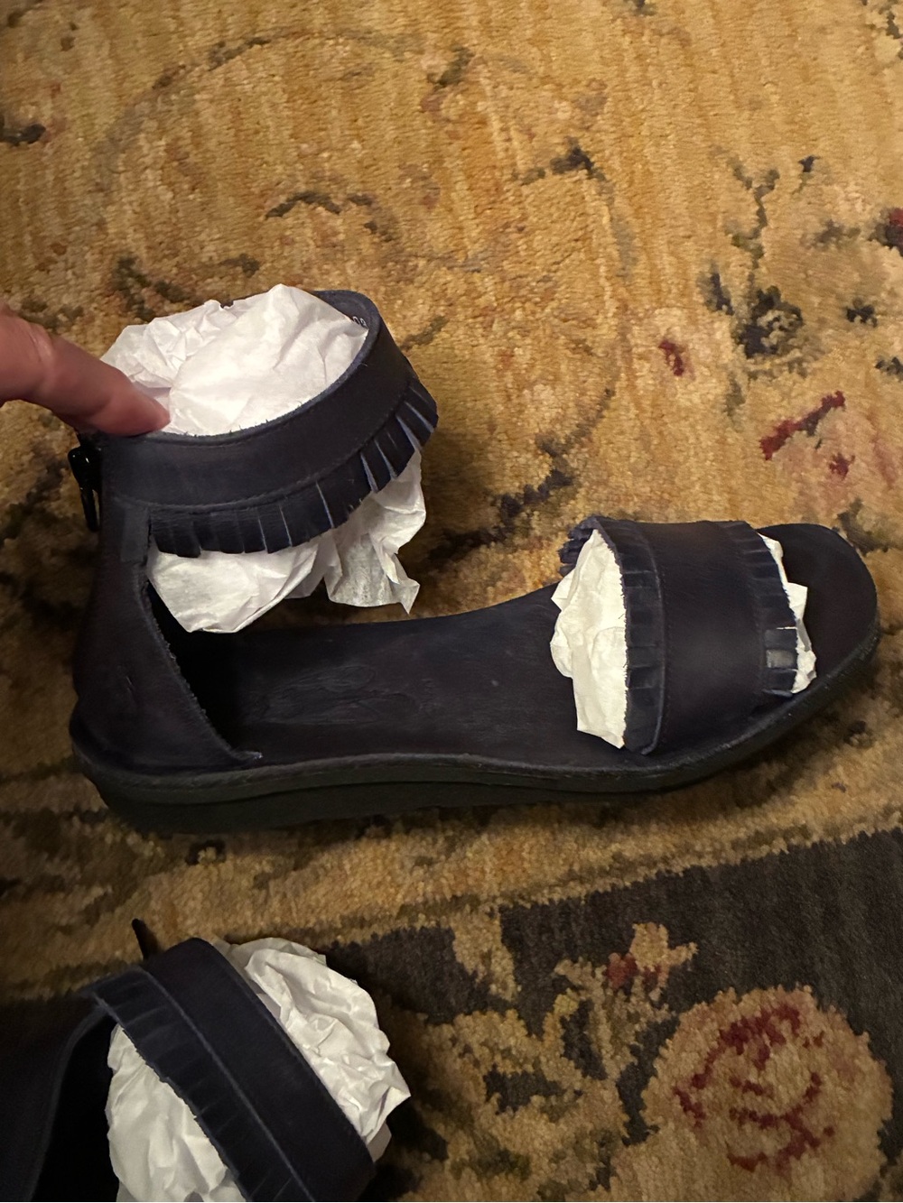 Fly London Navy Fringe Ankle-Strap Sandals.
Made in Portugal. Size 9/ 38